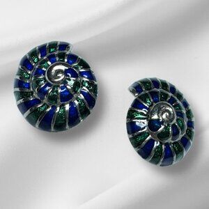 Vintage Clip-On Earrings Nautilus Spiral Shell Silver Tone Blue & Green Enamel